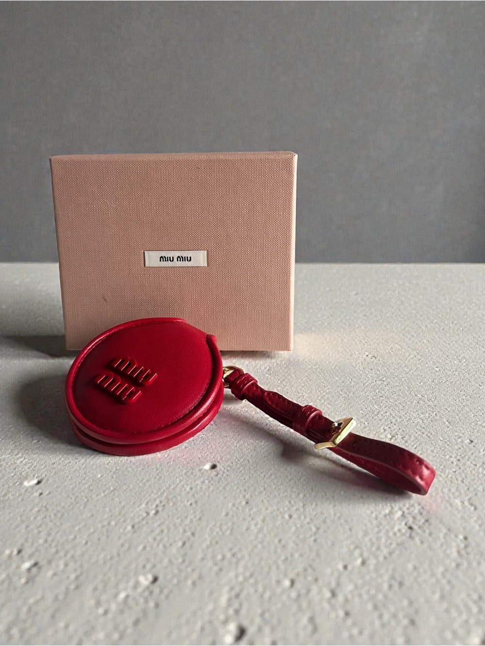 Miu Miu Red Leather Compact Mirror Wristlet Bag Charm w/ Box - Picture 3 of 10